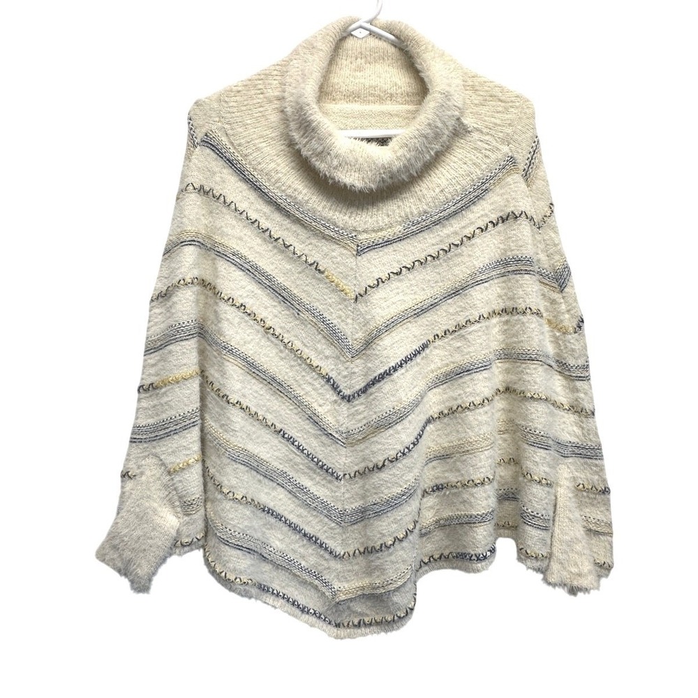 Coco + Carmen Cream Chevron Fuzzy Cowl‎ Neck Poncho Sweater O/S Cozy Chic